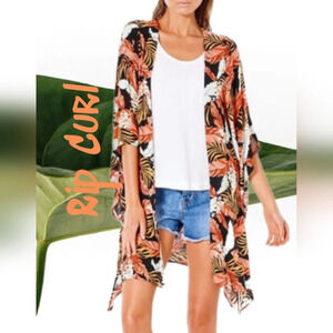 Rip Curl Womens Namoto Kimono Sz M Wide Sleeve Open Front Tropical Floral Beachy